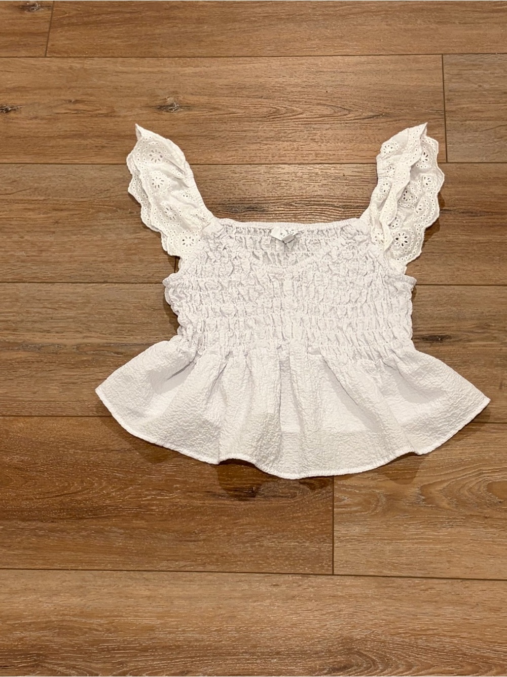 Smocked White Eyelet Ruffle-Strap Peplum Tank